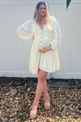 Maternity Beige Crochet Lace Button Front Dress