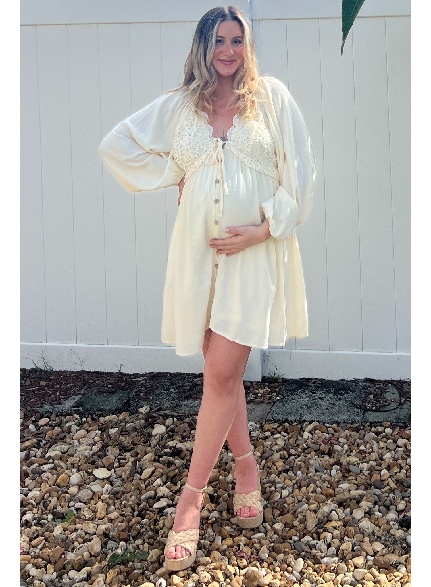 Women's Beige Crochet Lace Button Front Dress