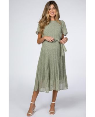 Maternity Light Olive Leaf Print Pleated Midi Dress