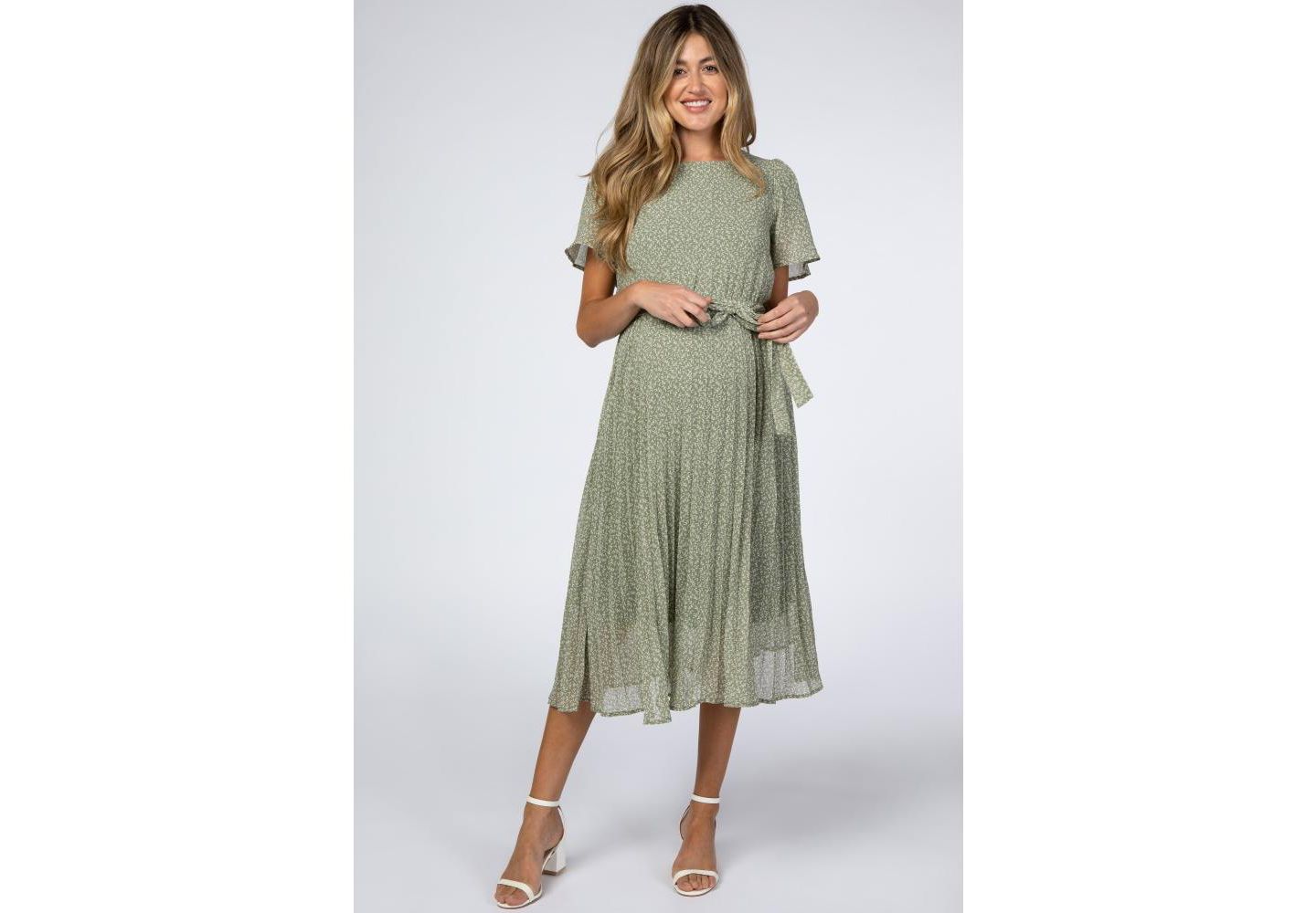 Женское платье Pinkblush Light Olive Leaf Print Pleated Midi, цвет: Светлый оливковый — фото 6