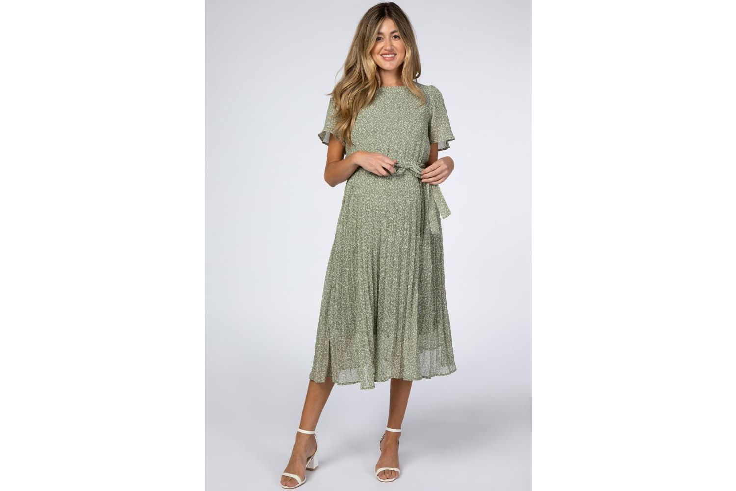 Women's Light Olive Leaf Print Pleated Midi Dress