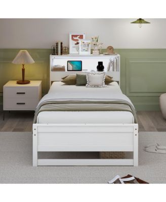 Twin Size Wooden Bed Frame w/ Charging Station & LED Light Storage Headboard