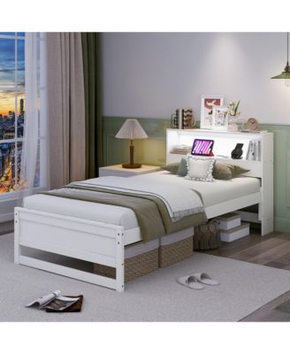 Twin Size Wooden Bed Frame w/ Charging Station & LED Light Storage Headboard