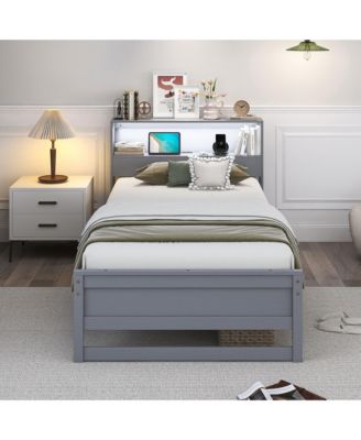 Twin Size Wooden Bed Frame w/ Charging Station & LED Light Storage Headboard