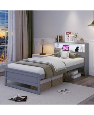 Twin Size Wooden Bed Frame w/ Charging Station & LED Light Storage Headboard