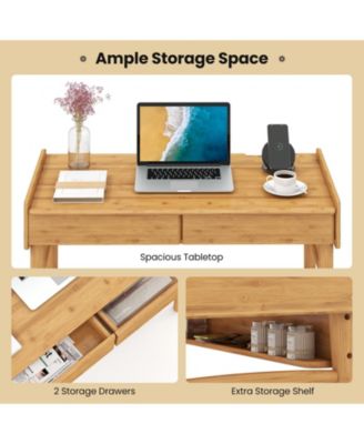 Bamboo Writing Desk with 2 Storage Drawers and Open Shelf