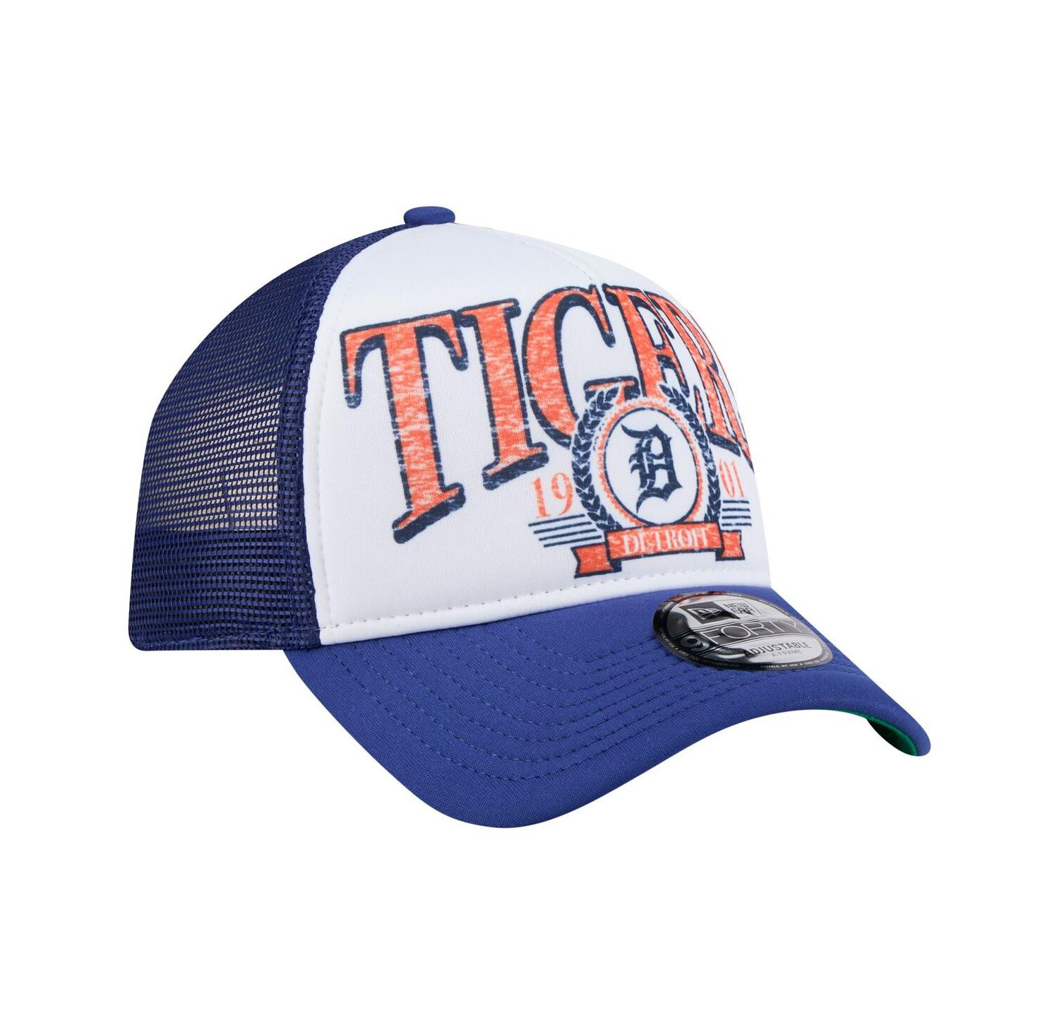 Men's White/Navy Detroit Tigers Distressed 9FORTY A-Frame Adjustable Trucker Hat