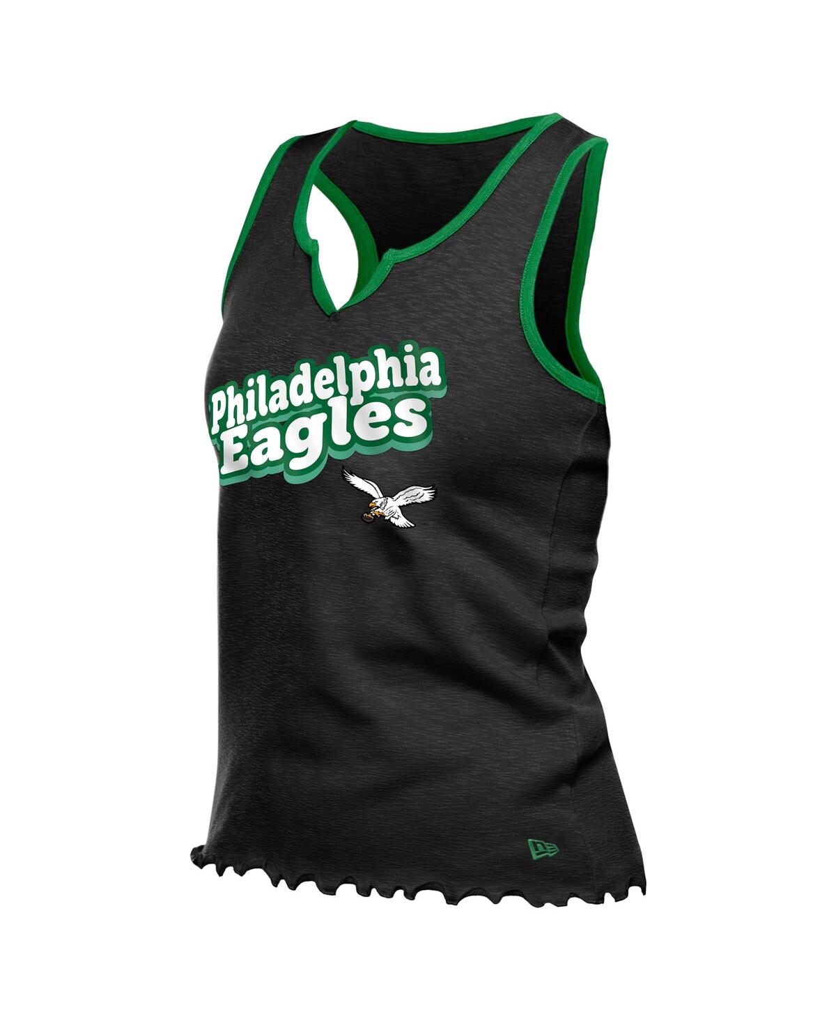 NEW ERA WOMEN'S BLACK PHILADELPHIA EAGLES LETTUCE HEM NOTCH NECK TRI-BLEND TANK TOP 