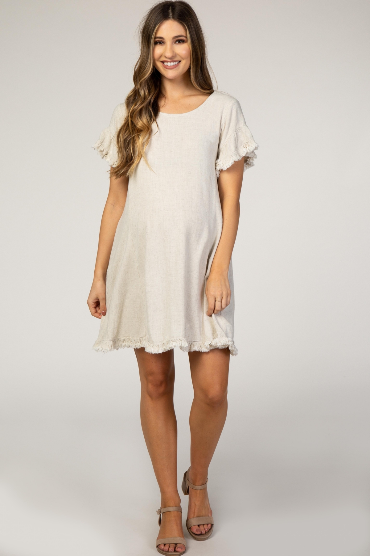 Maternity Beige Fringe Linen Dress - Beige