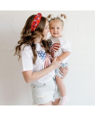 Little Girls Patriotic Sequin Bow Patch Short Sleeve T-Shirt