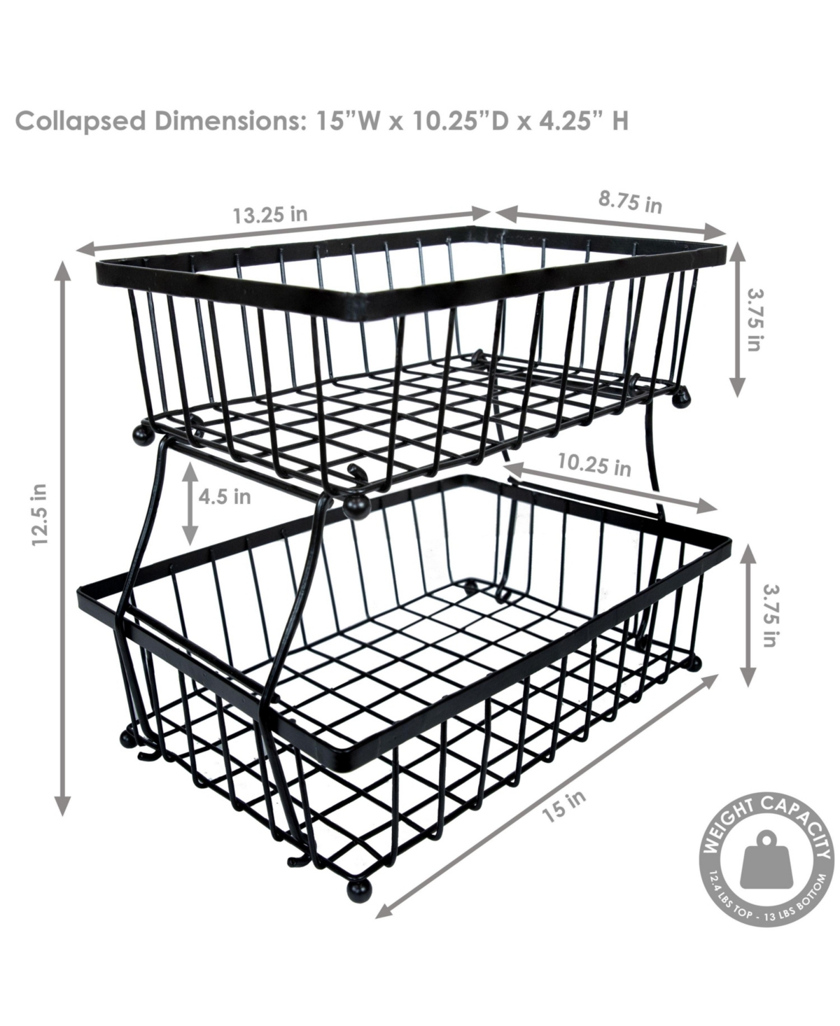 Indoor Metal Wire 2-Tier Collapsible Tabletop Storage Basket - Black