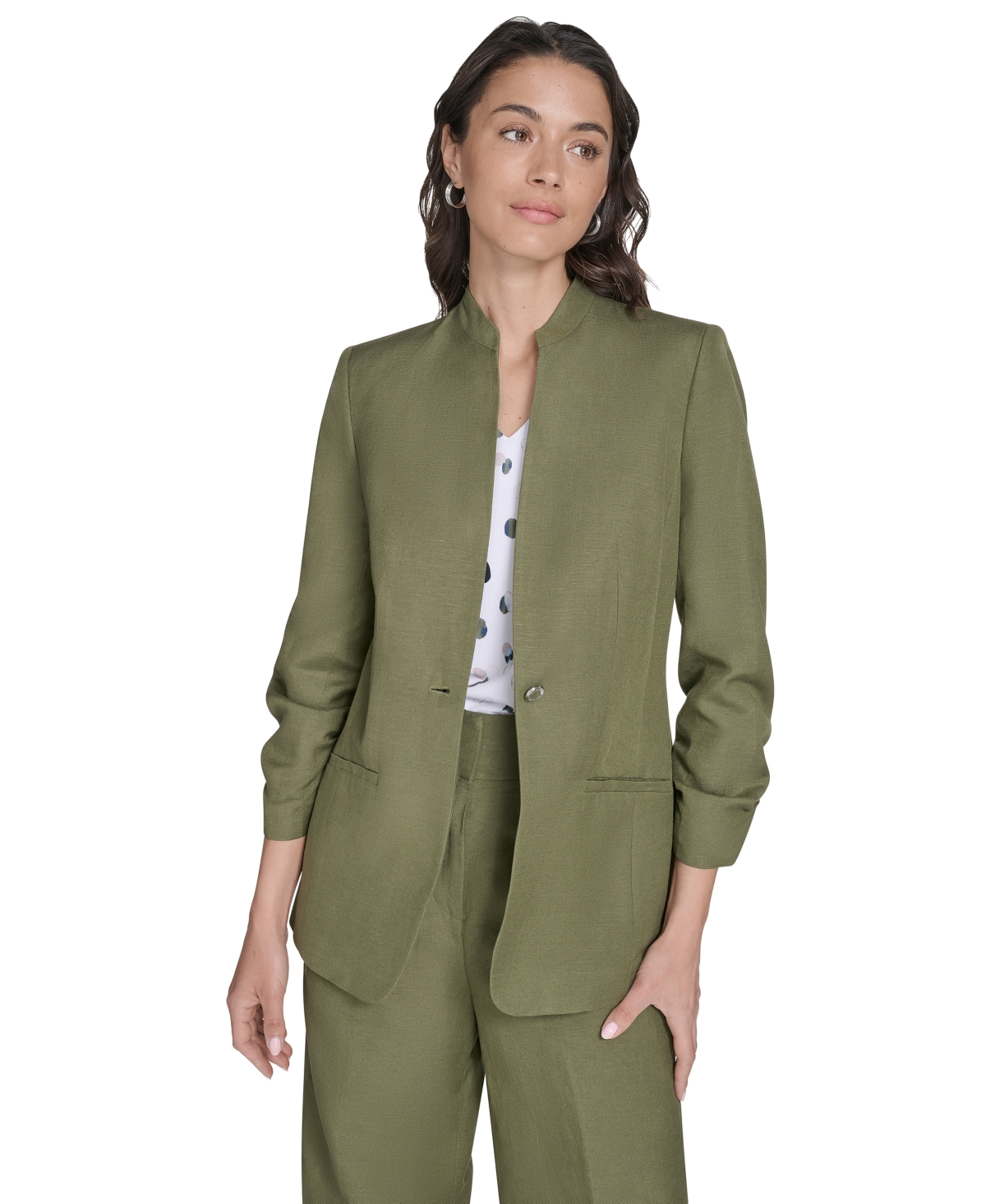 Petite Linen-Blend 3/4-Sleeve One-Button Blazer - Green Olive