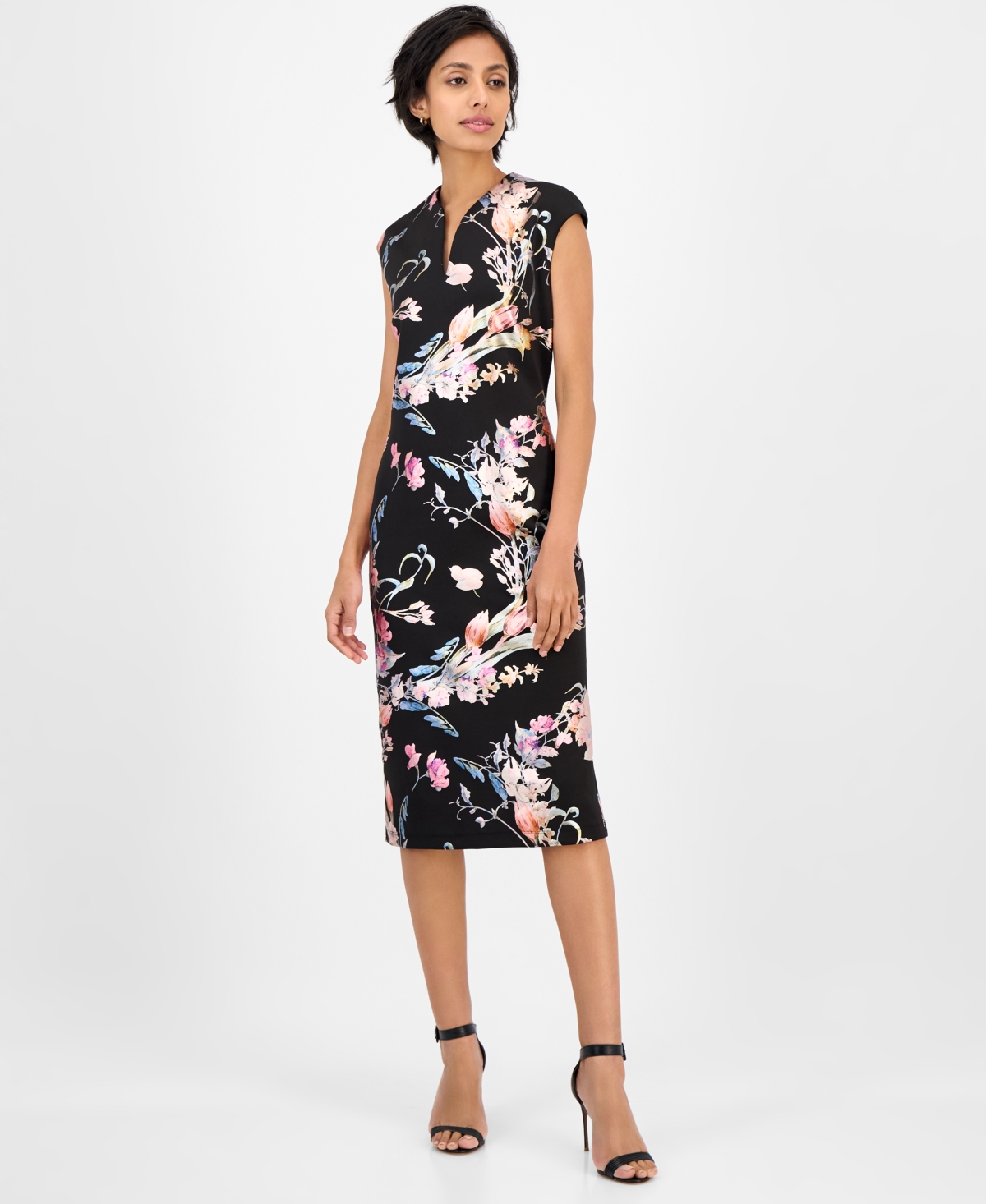 Women's Floral Ponte-Knit Sheath Dress - Blk Multi