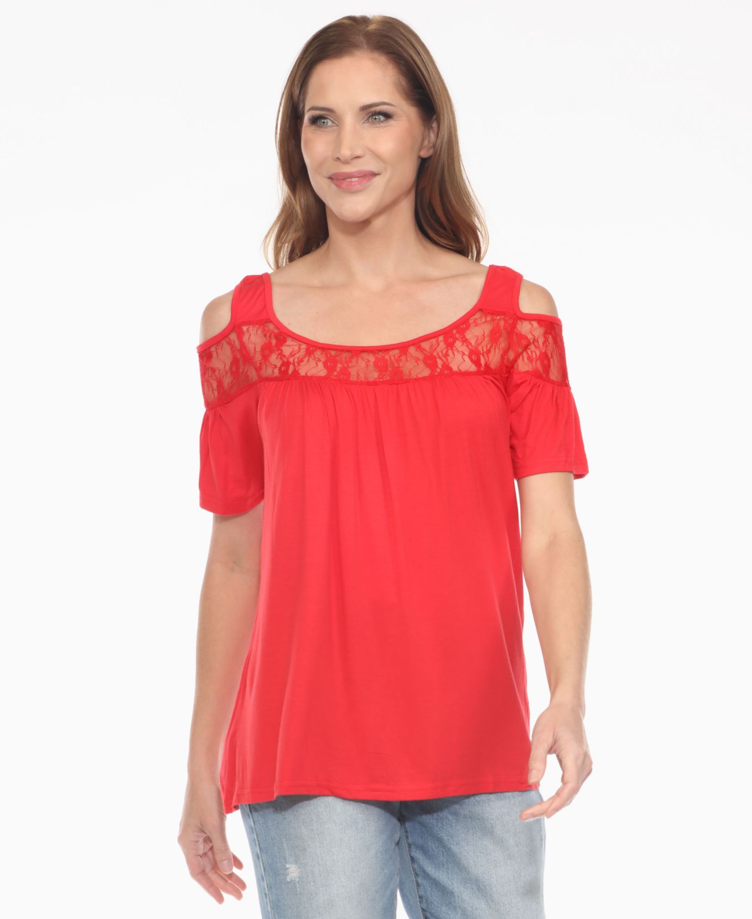 Plus Size Cold Shoulder Lace Trim Knit Top