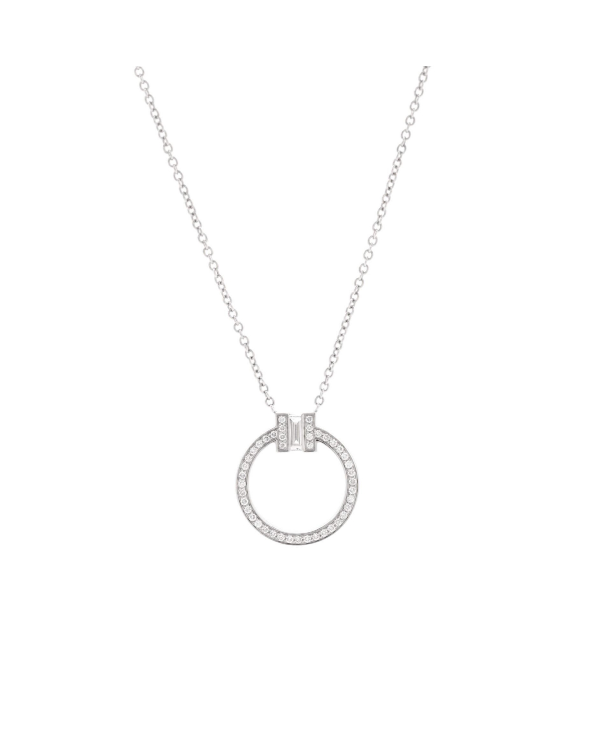 Pre-Owned Tiffany & Co. Small T Circle Pendant Necklace 18K White Gold with Diamonds and Center Baguette Diamond - 18k white gold