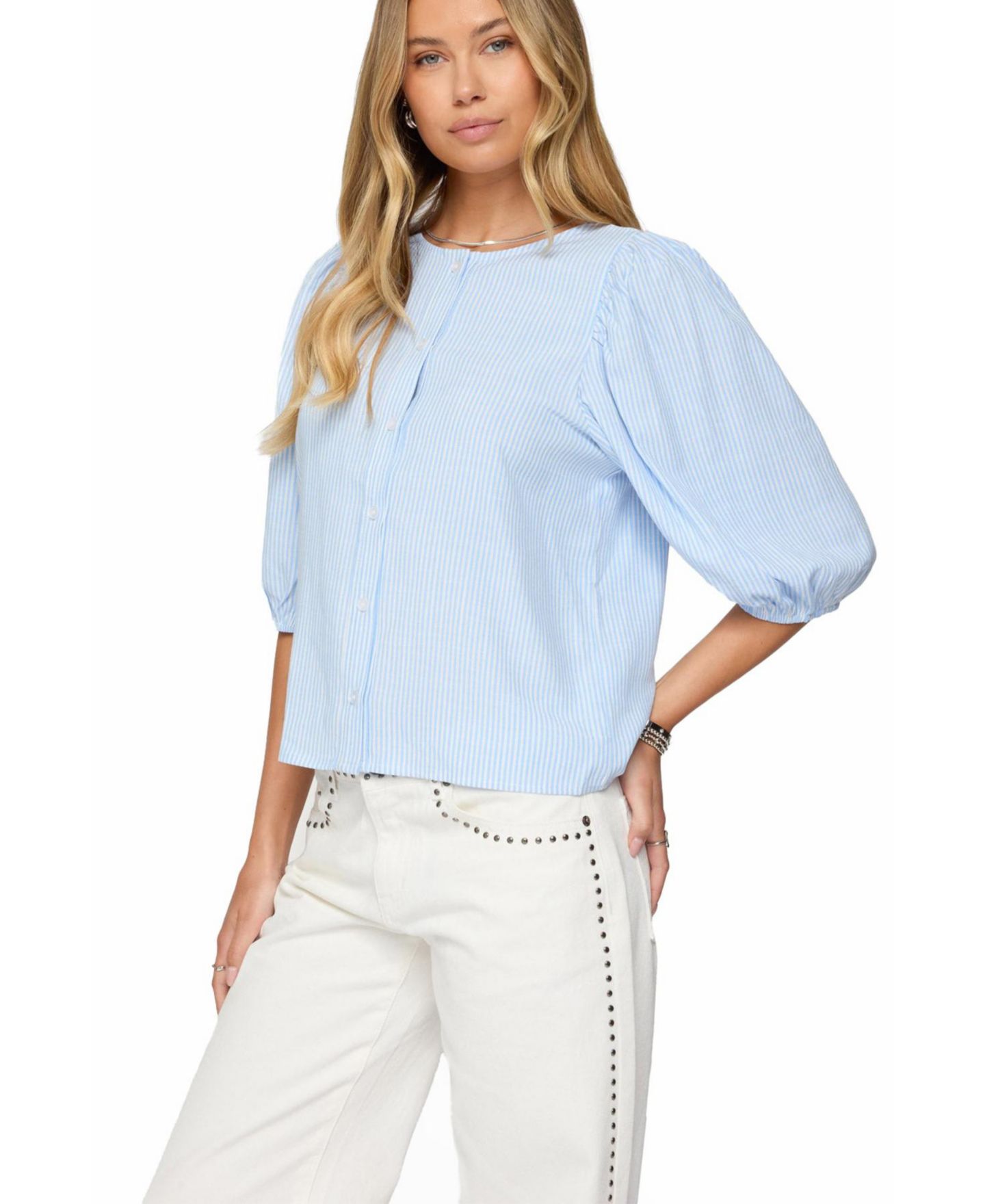 Женская рубашка Edikted Pinstripe Linen Look Button Up, цвет: Светлый синий — фото 5