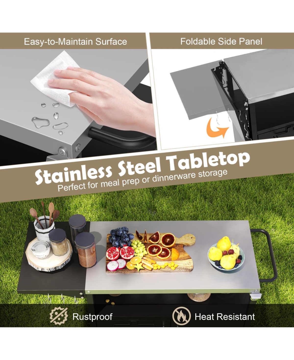 Outdoor Grill Cart with Storage and Folding Stainless Steel Top