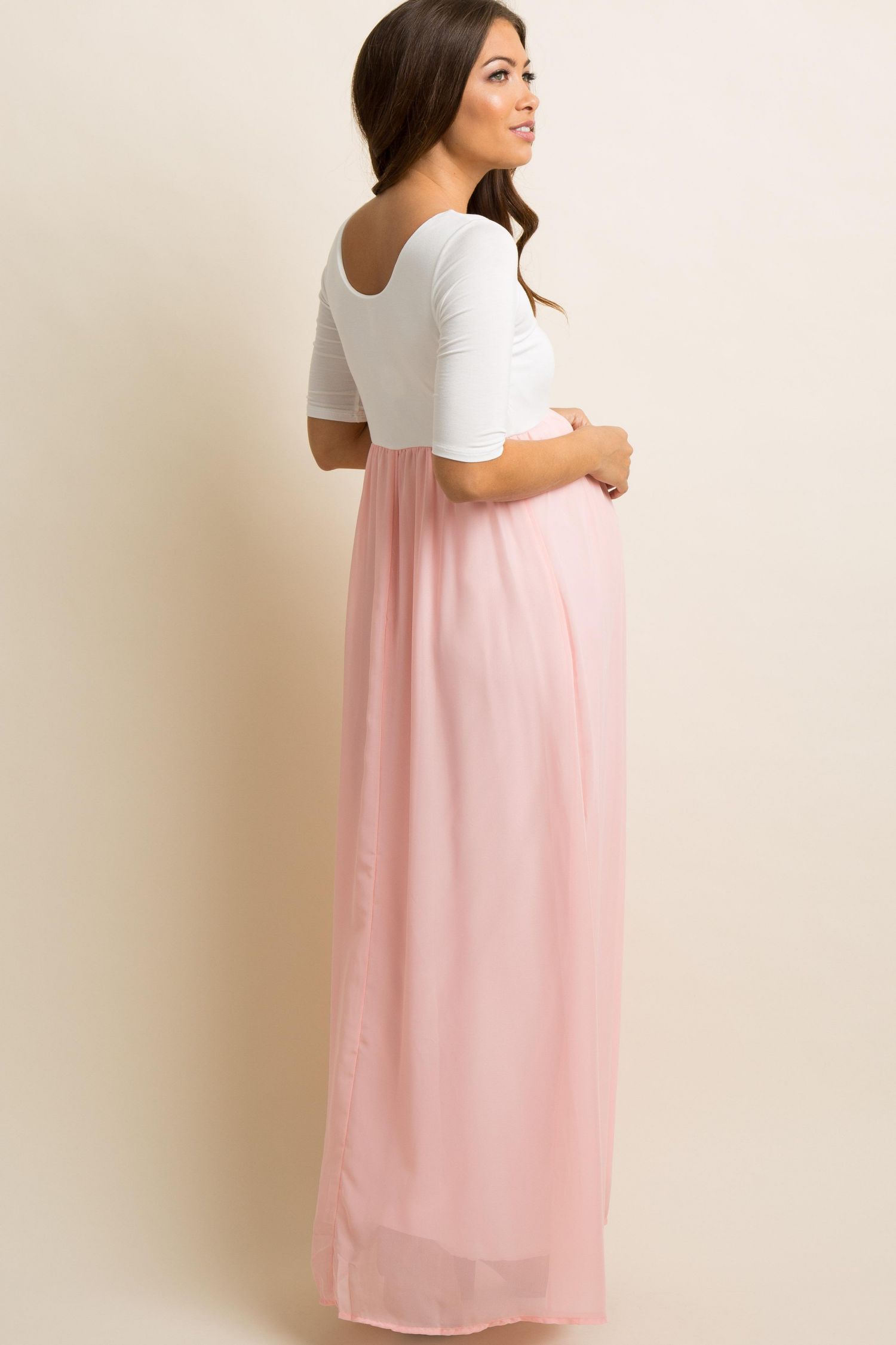 Women's Light Pink Chiffon Colorblock Maxi Dress