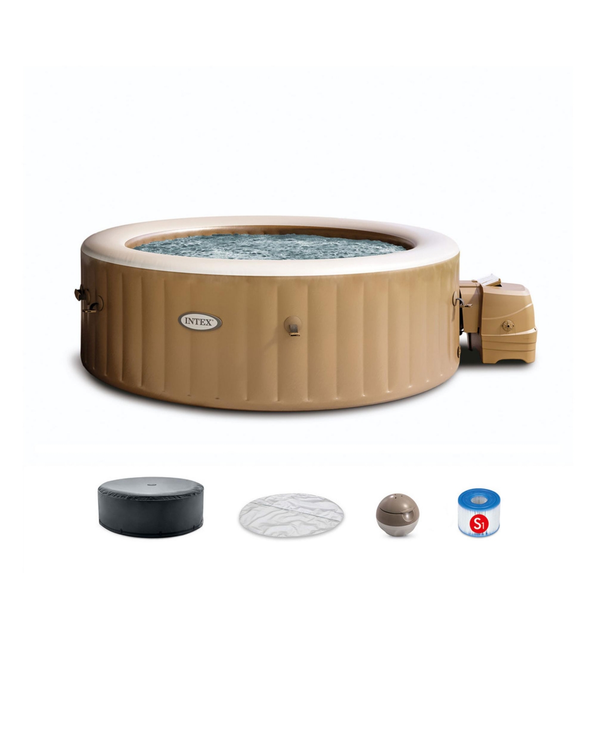 PureSpa 6 Person Bubble Massage Inflatable Hot Tub Spa Set, Sahara Tan - Brown/white