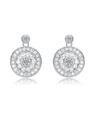 White Gold Plated with Clear Cubic Zirconia Concentric Halo Medallion Drop Earrings