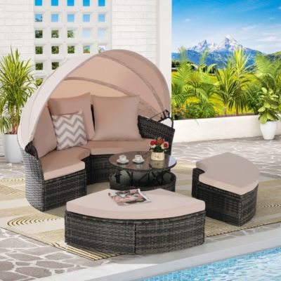  5pc Outdoor Patio Daybed Set Retractable Canopy & Cushions