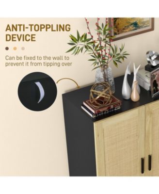 Sideboard Buffet Cabinet, Kitchen Cabinet, Coffee Bar Cabinet with 2 Rattan Doors and Adjustable Shelves, Black and Natural