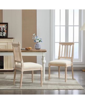 Antique Dining Chairs - Linen Fabric Upholstered Wooden Chairs Set of 2