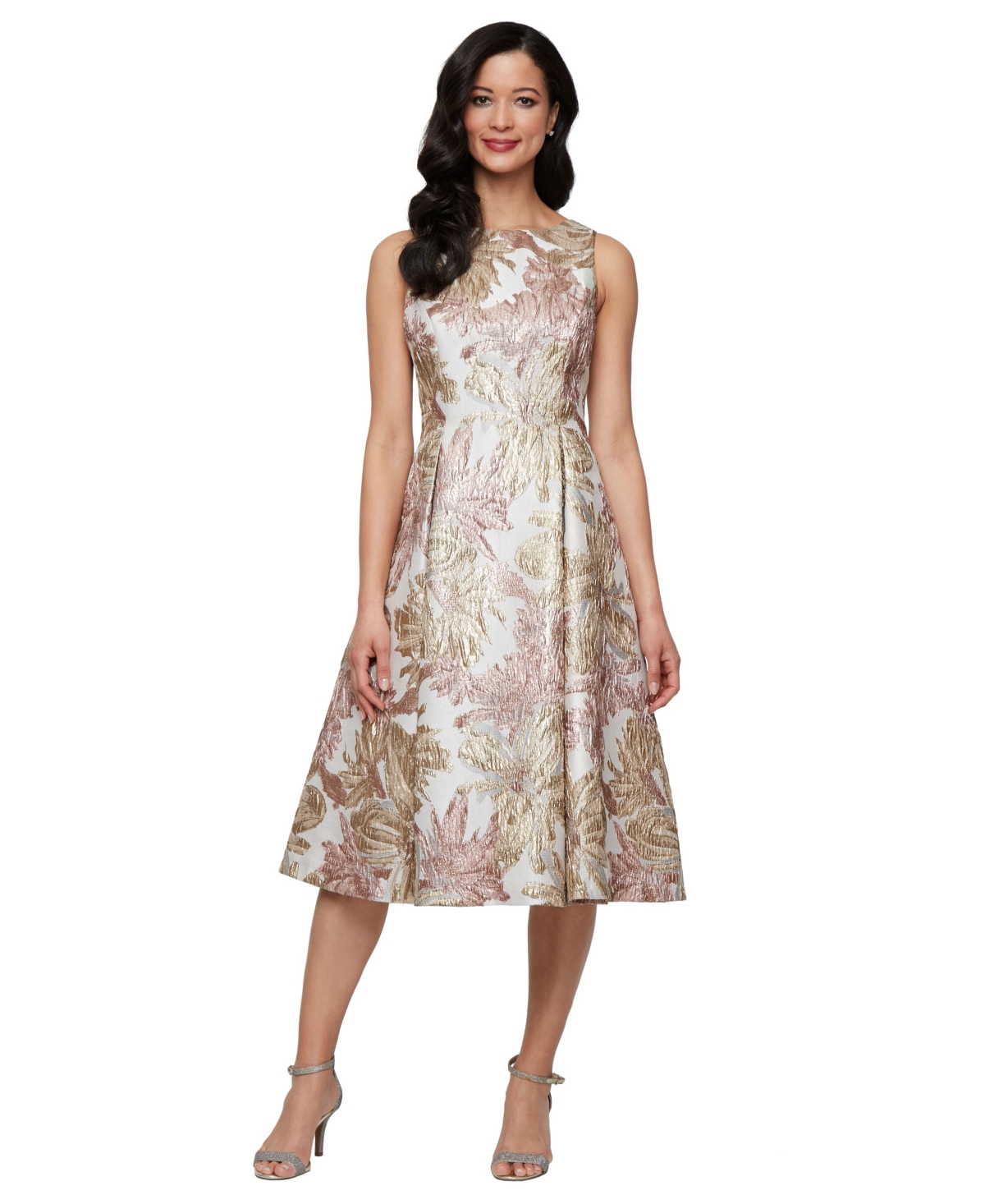 Petite Metallic Jacquard A-Line Dress - Taupe Multi