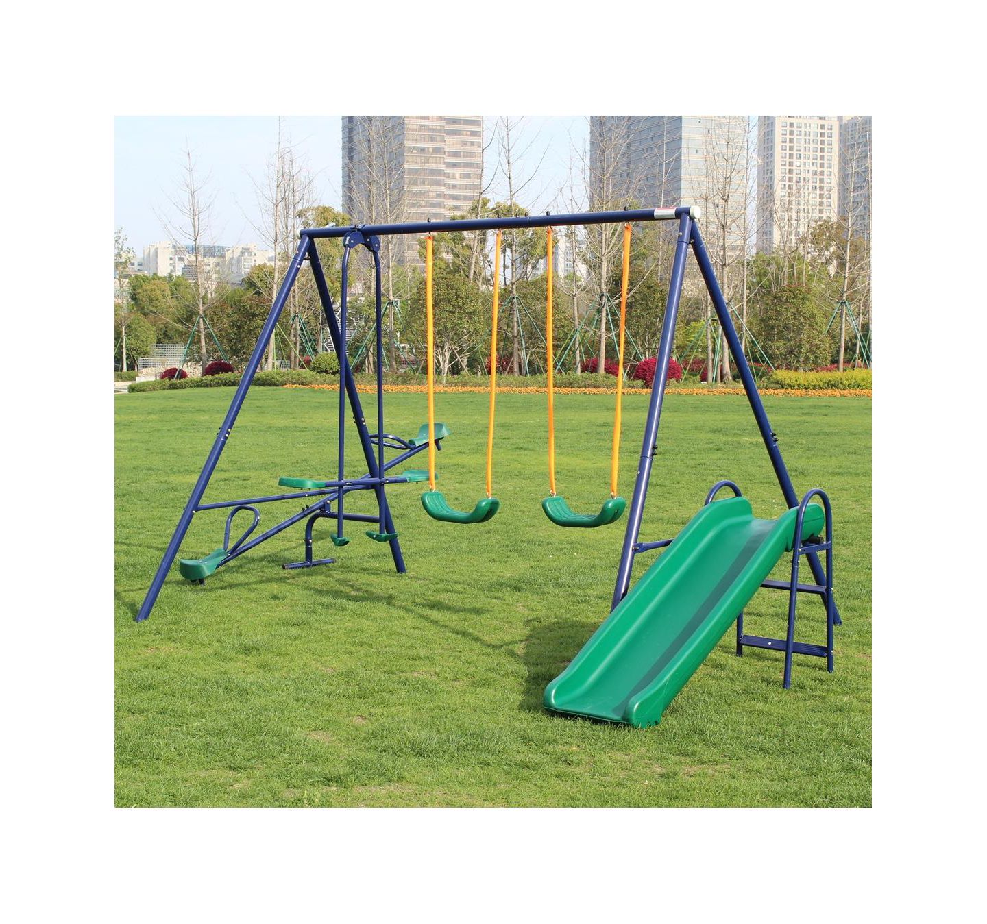 Детские игрушки Flynama Heavy-Duty Steel Swing Set with 2 Swings, Glider, Slide & See-Saw, 7-Child Capacity, Ages 3-8 — фото 7