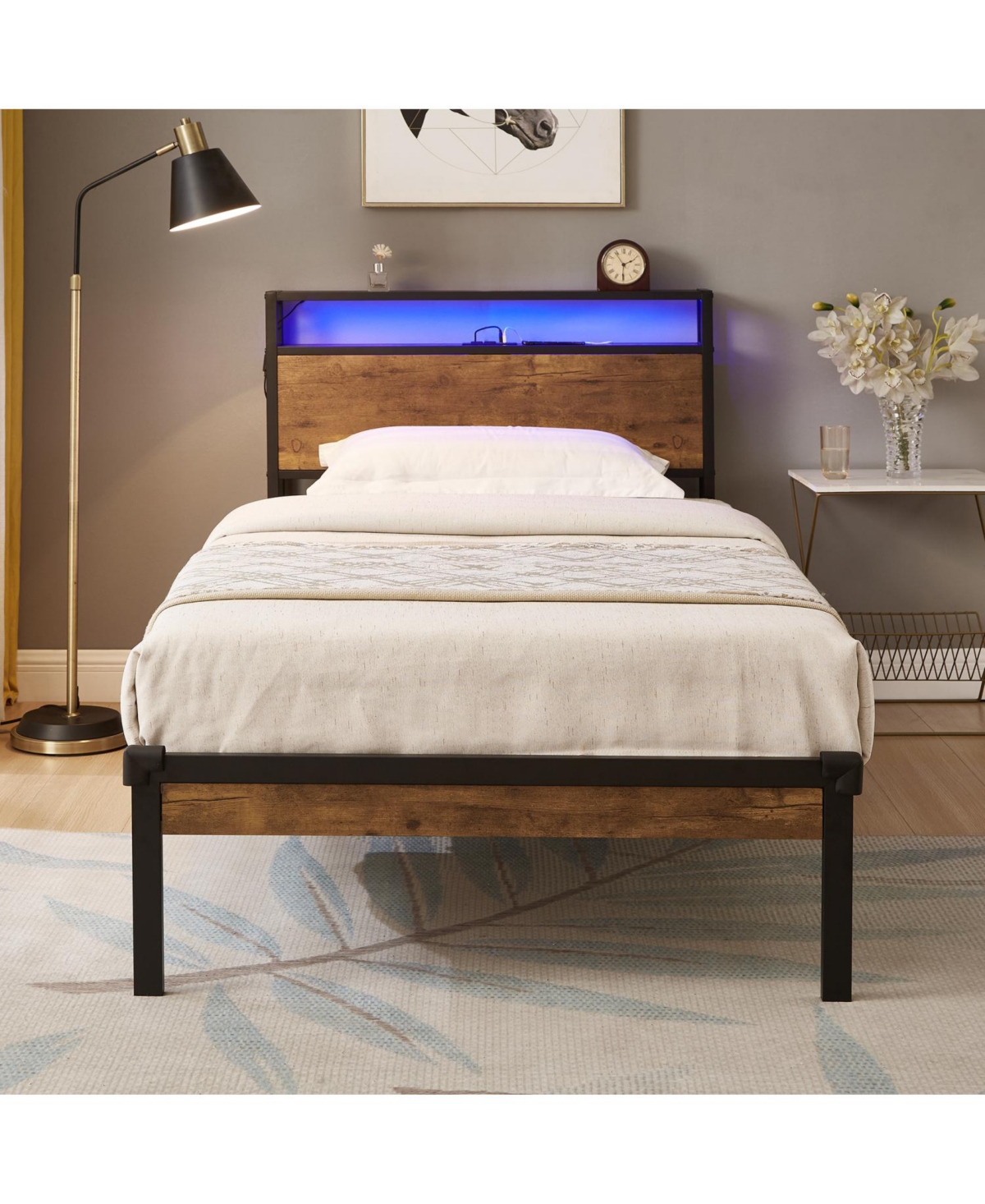 Twin Metal Bed Frame with Headboard, Footboard, Usb, Led, Storage