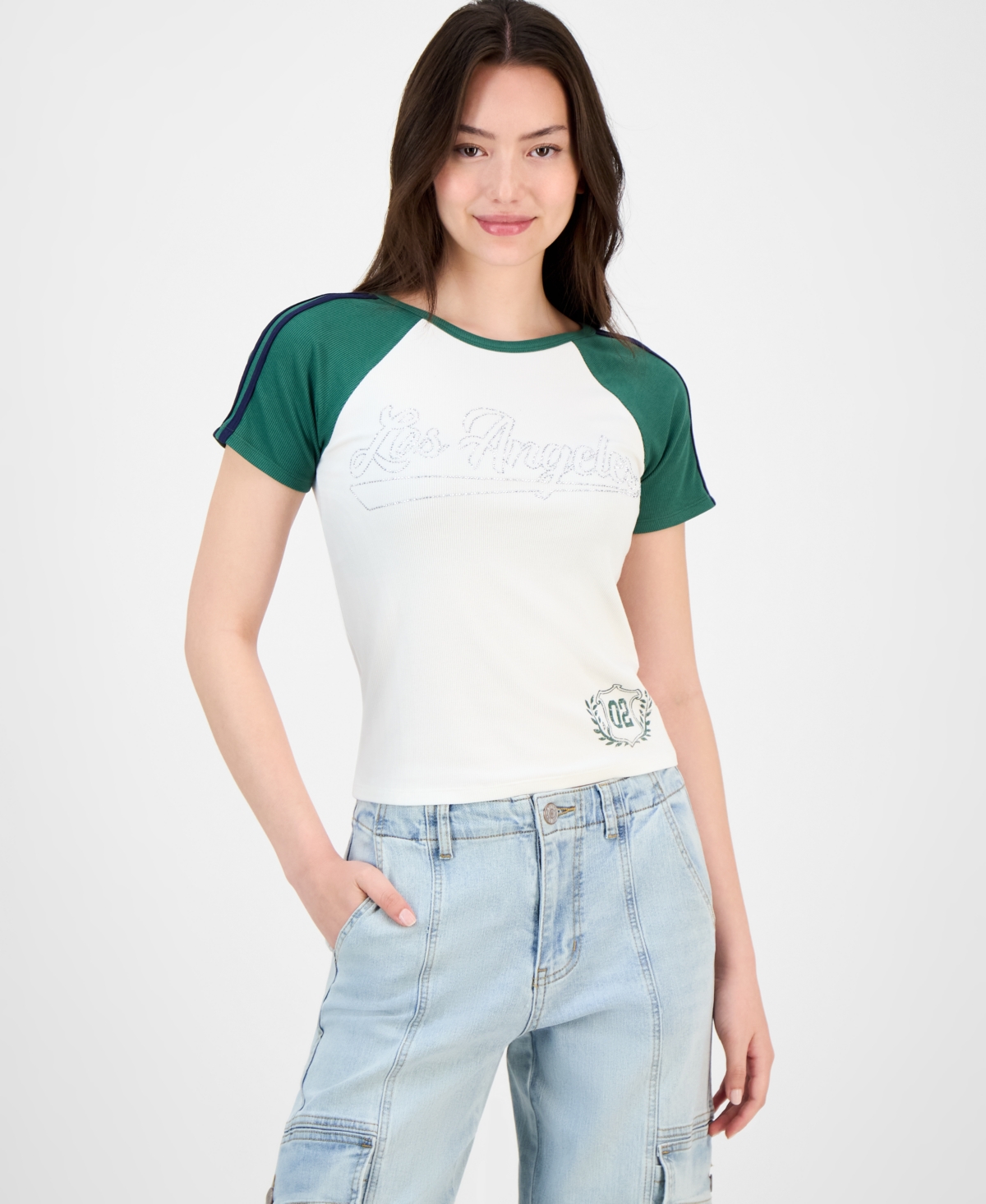 Juniors' Los Angeles Rhinestone Raglan Short-Sleeve T-Shirt - White/Green