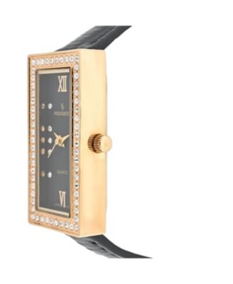 Women's 35x20mm Crystal Bezel Watch with Glossy Black Leather Strap