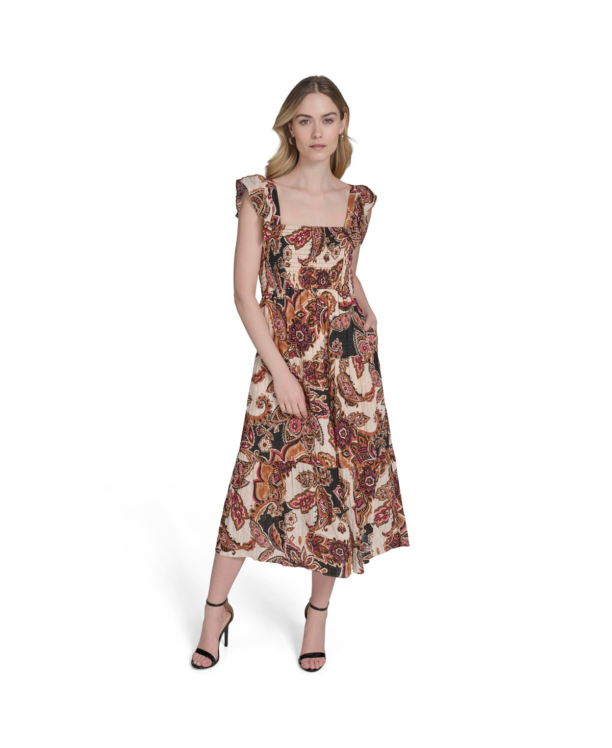 Women's Printed Square-Neck Ruffled-Shoulder Dress - Brown