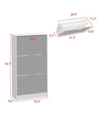 Wooden 3-door natural shoe cabinet,Mirror door panel, multi-purpose shoe rack with metal handles