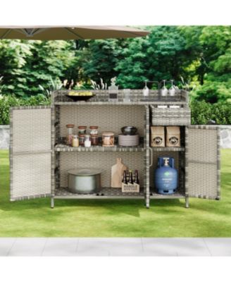 Wicker Outdoor Storage Cabinet & Bar Table Combo