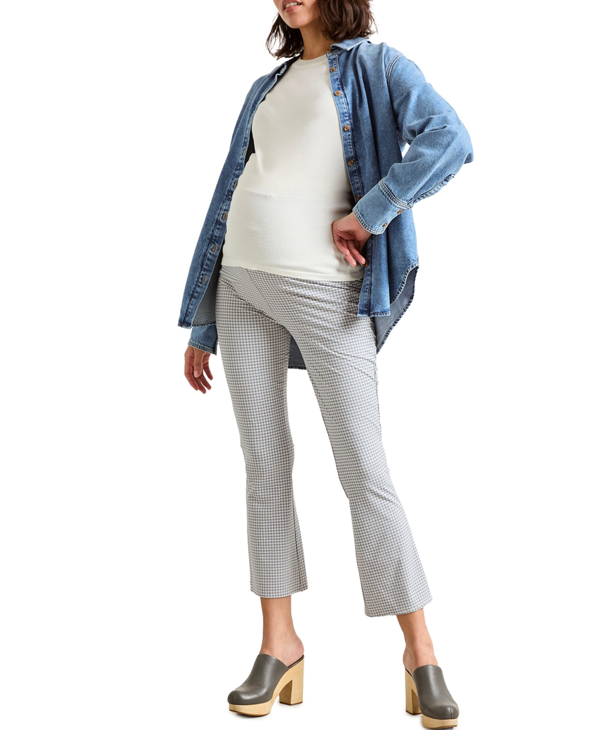 Maternity The Ultimate Over the Bump Crop Flare Legging - Blue/white houndstooth