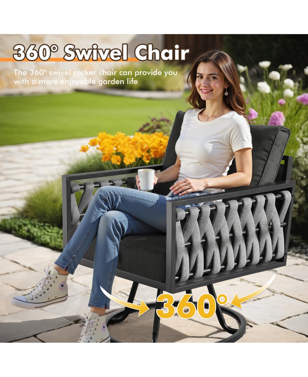 Xizzi 6-Priece Outdoor Patio Set with All-Weather Polyester Rope, Conversation Sofa for Backyard Deck Soft Cushions,Ottomans and Glass Coffee