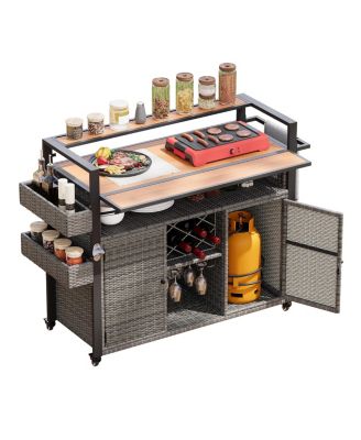 Wicker Grill Cart with Table Top & Storage
