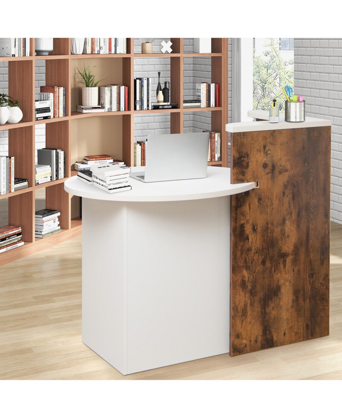 Front Reception Office Desk with Open Shelf and Lockable Drawer