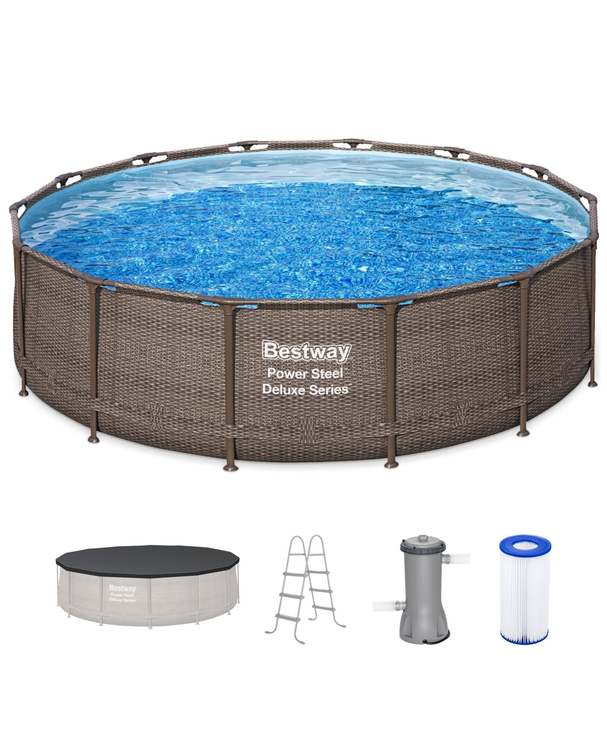 Power Steel 14' x 42&#x22; Above Ground Outdoor Swimming Pool Set with Pump - Brown