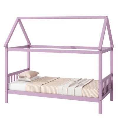 Twin House Bed with Headboard and Footboard, Twin Rubber Wood Bed with House Frame,Pink