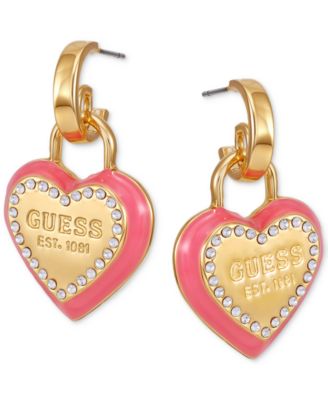 GUESS - Gold-Tone Pink Heart Drop Hoop Earrings