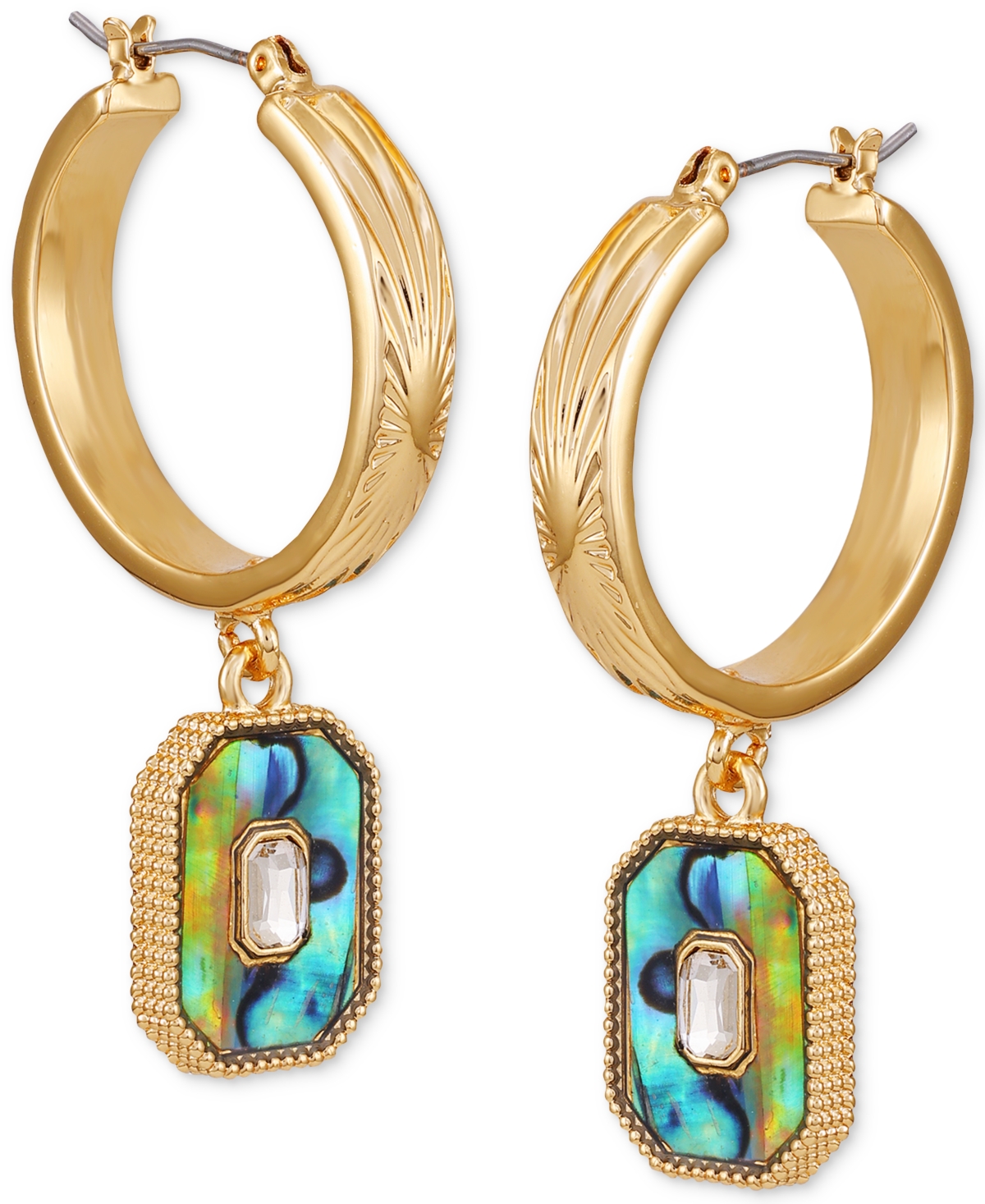 Guess Gold-Tone Abalone Crystal Drop Hoop Earrings