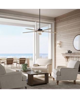 56" Mach 5 Indoor Outdoor Ceiling Fan 5 Blade LED Light Remote Control Matte Black Finish Distressed White Oak Blades Damp Rated