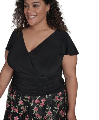 Plus Size Mixed-Media Mesh-Skirt Fit & Flare Dress