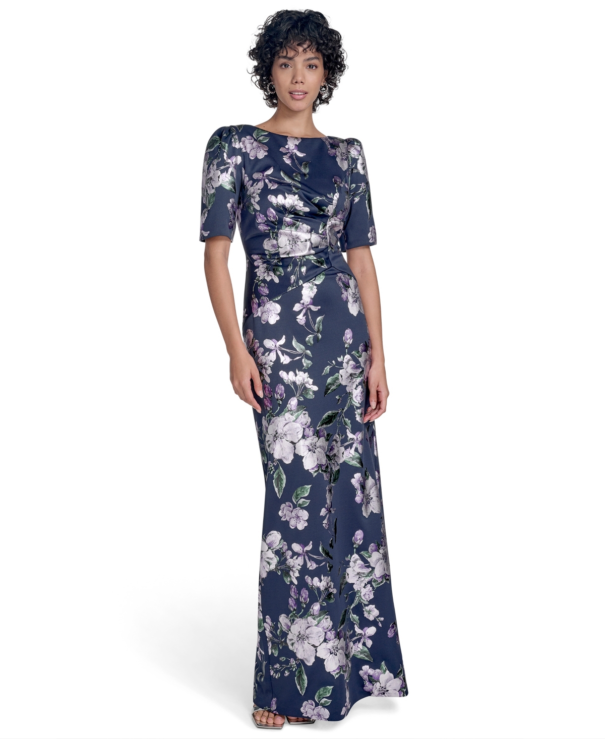Women's Petite Size Floral Print Short Sleeve Boat-neck Gown - Navy/Lilac