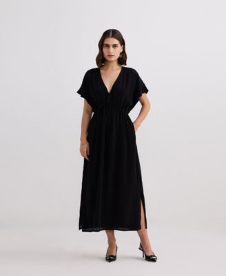 Women's V-neck Gathered Maxi Dress in Black