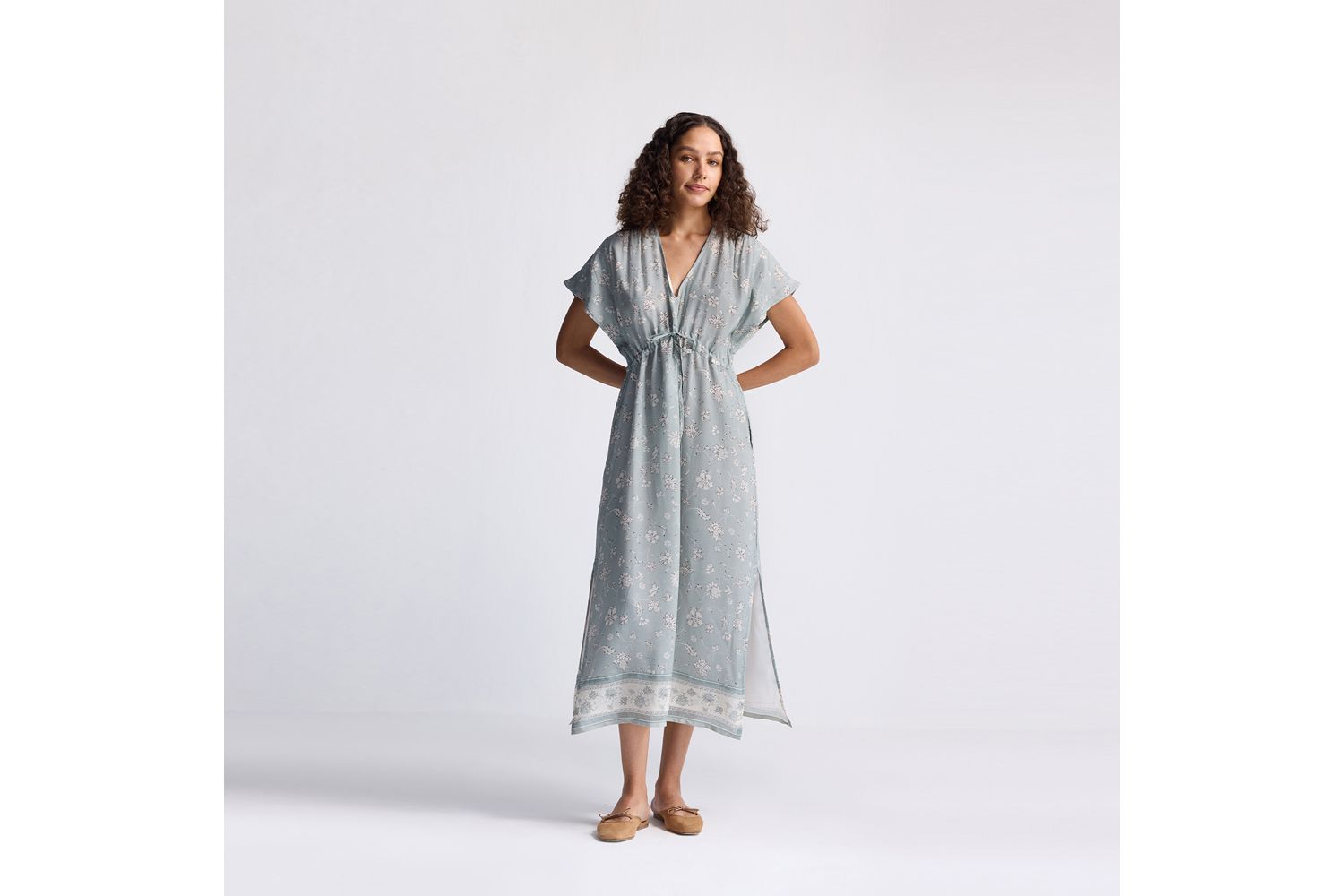 Women's Gathered Maxi Dress with Side Slits in Mosaic