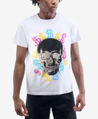 Men's Multi Color Money Skull Rhinestone Crew T-Shirt