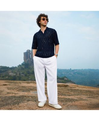 Men's Prussian Blue Honeycomb-Knit Polo T-Shirt